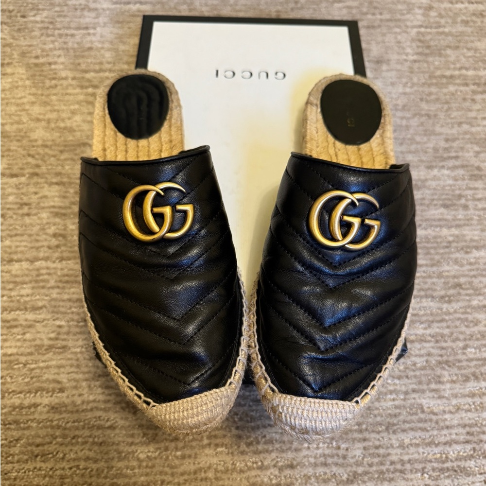 Gucci Black and Gold Quilted Mules
